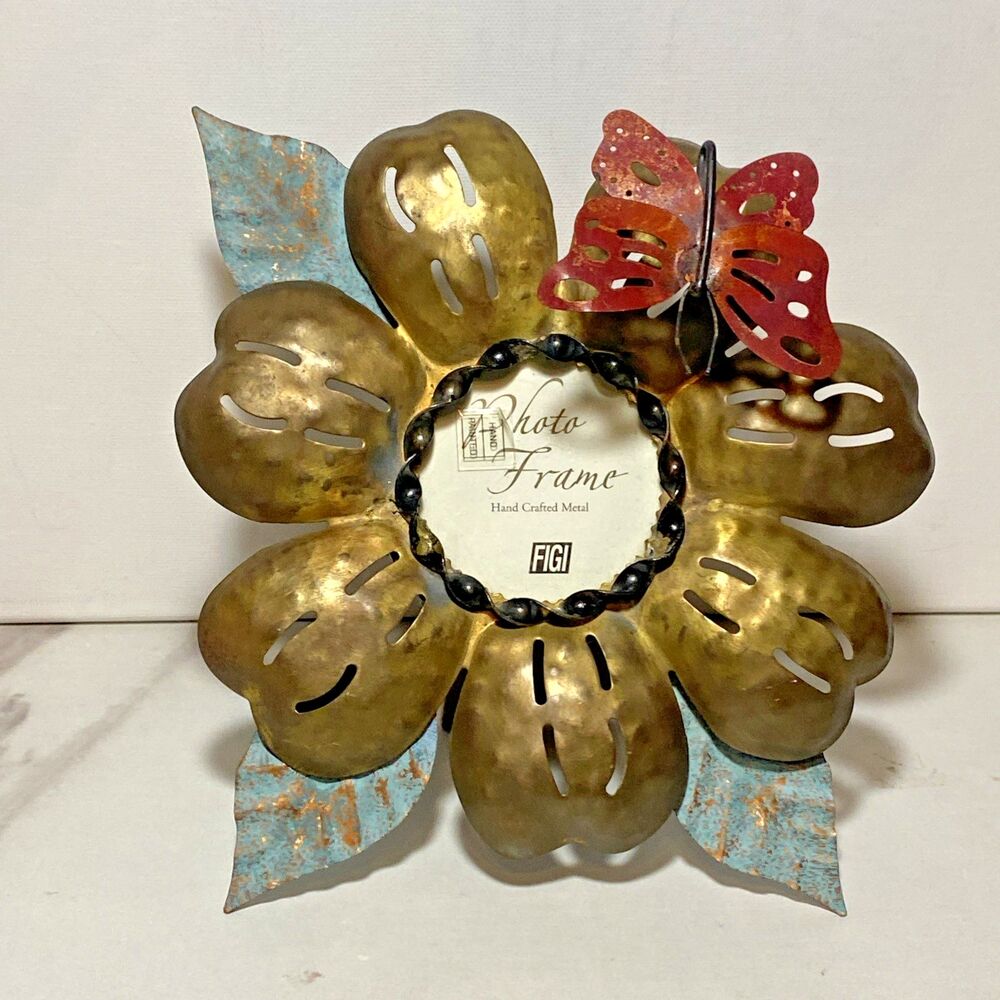 VTG Figi Hammered Hand Crafted Metal 3D Butterfly Flower Picture Frame 3x3 Photo